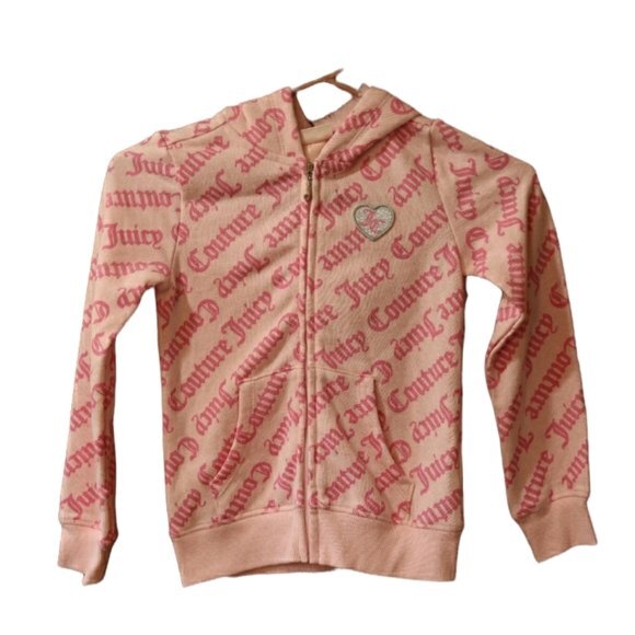 Juicy Couture Pink Spellout All Over Print Hoodie Full Zip Hoodie Girls 6X - Picture 1 of 11